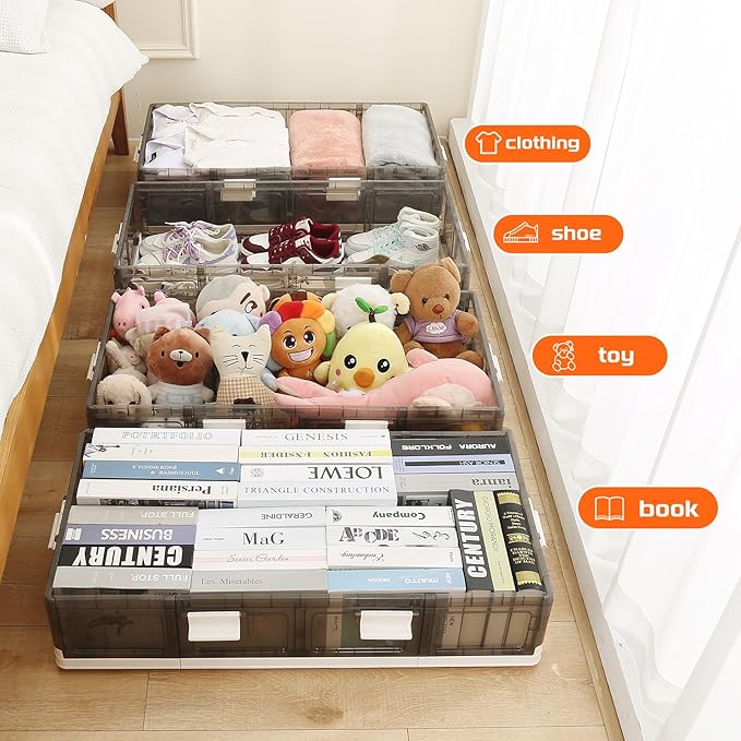 2-Pack Under Bed Storage Containers with Wheels - Stackable, Foldable Plastic Storage Boxes with Lids for Clothes, Shoes, Bla