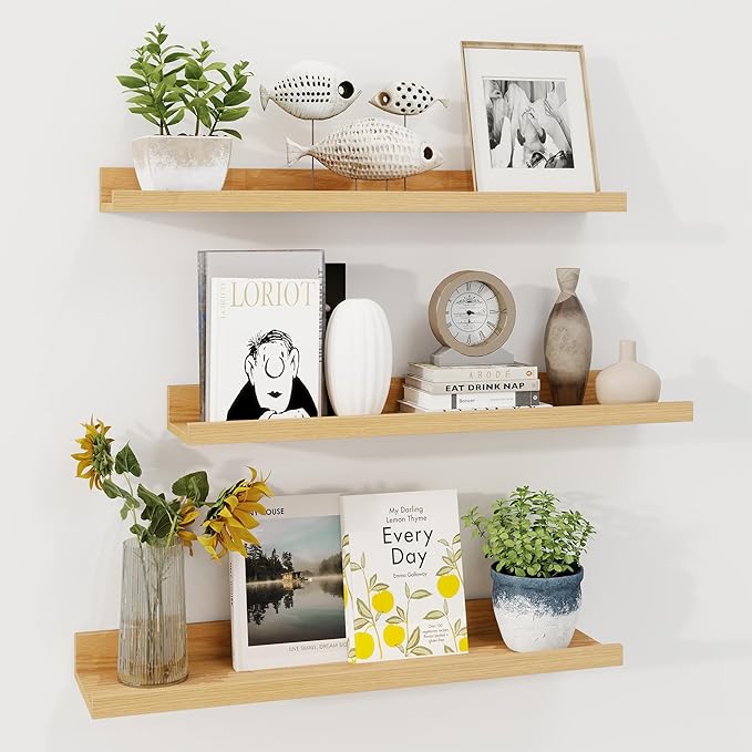 Axeman Picture Ledge Shelf | 24 Inch Oak Floating Shelves Set of 3 | Rustic Wood Wall Shelves with Lip | 24" Oak Picture Shel