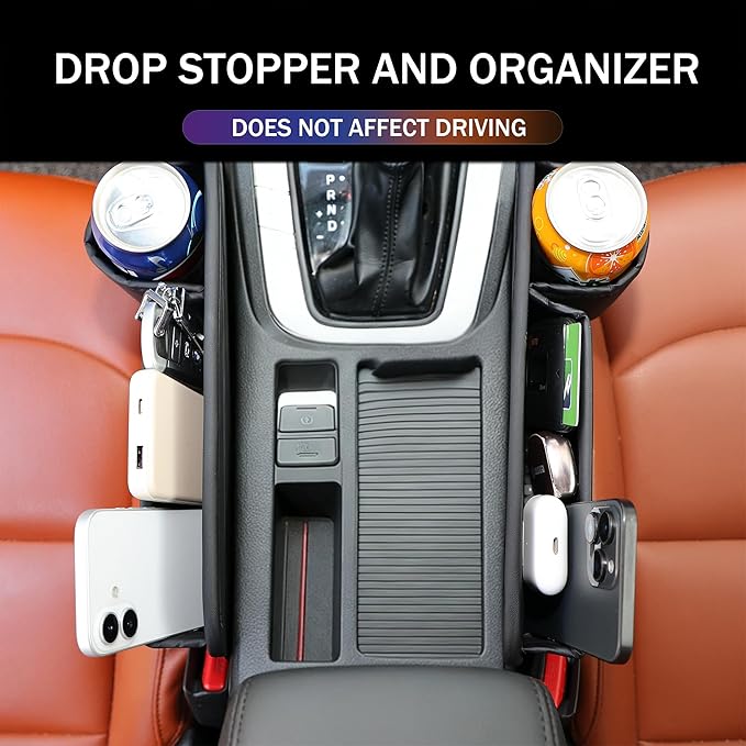 OUEST 2 Packs Car Seat Gap Filler Organizer, Car Seat Gap Storage Box with Cup Holder for Phone Drinks Glasses Keys