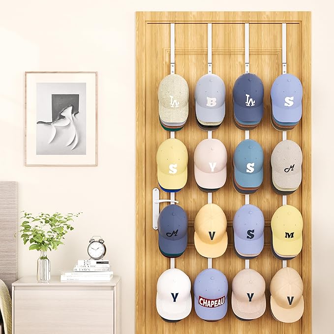 SWTYMIKI Over Door Hat Organizer - 4 Packs Metal Hanging Hat Rack with 16 Hooks Design, Baseball Cap Hanger Organizer Storage