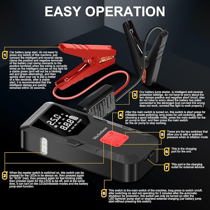 12 V Car 8000 mAh Battery Jump Starter 2800A with 150psI Air Compressor, Compact and Practical Edition QB08L Safe Smart,