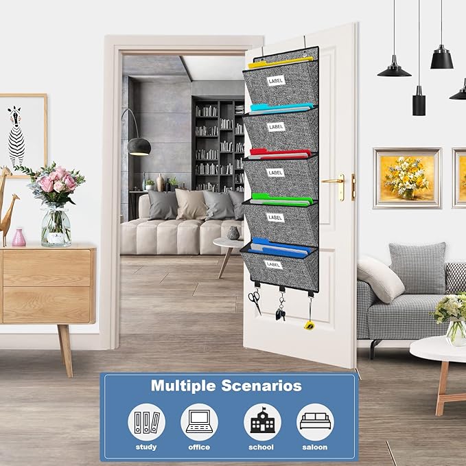Homyfort Over the Door File Organizer, Hanging Wall File Folders with 5 Large Pockets for Papers, Charts, Mails, Magazine, Of