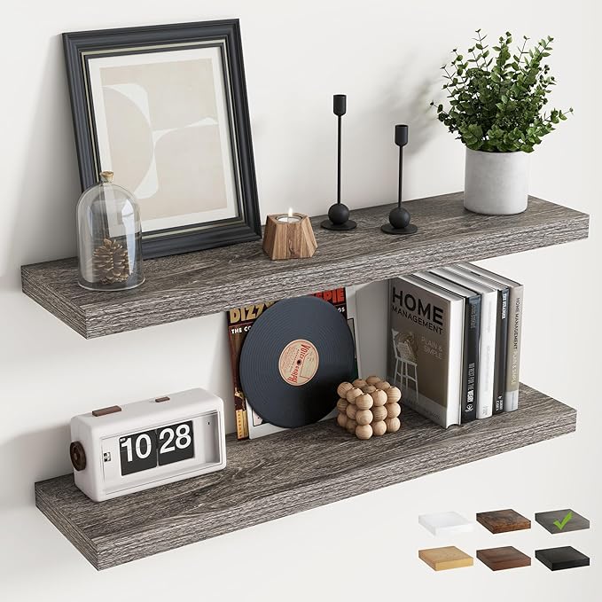 36 Inch Floating Shelves for Wall Set of 2, 8"D Wood Grain Bathroom Shelves with Invisible Brackets, Easy Install Engineered 