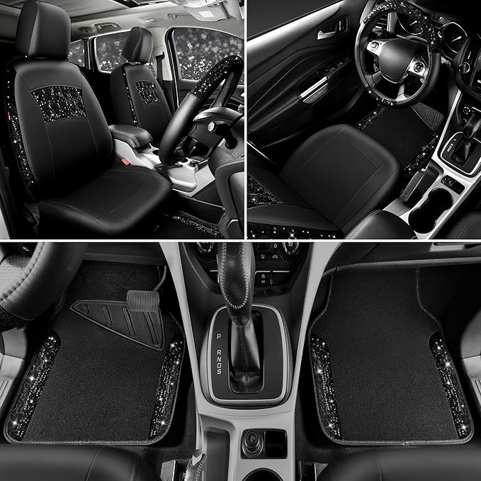 CAR PASS Universal Black Leather Lace Car Seat Covers Full Set for Women Girls,Waterproof Car Floor Mats Carpet,Glitter Steer