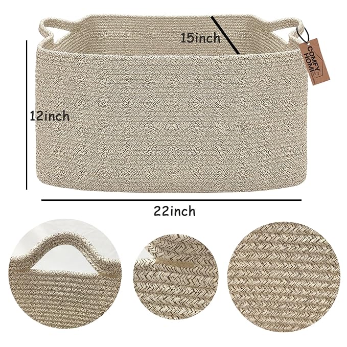 COMFY-HOMI Large Rectangular Blanket Basket, Woven Cotton Rope Baskets for Storage, Laundry Hamper Basket, Storage Bin,Toy Or