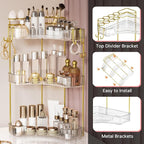 3-Tier Corner Bathroom Counter Organizer，Makeup & Skincare Shelf with Built-in Brush Holder，Space-Saving Bathroom Countertop 