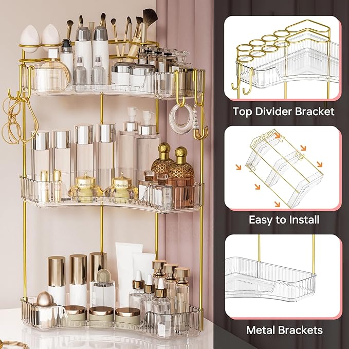 3-Tier Corner Bathroom Counter Organizer，Makeup & Skincare Shelf with Built-in Brush Holder，Space-Saving Bathroom Countertop 