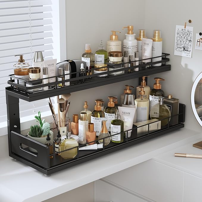 Under Sink Organizer Upgrade To Professional Rails,2-Tier Dual Pull Out Cabinet Storage,Height Adjustable Slide Out Drawers F