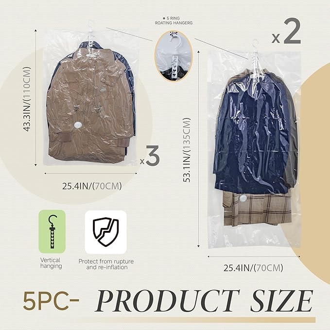 Hanging Vacuum Storage Bags,Hanging Vacuum Sealer Storage Space Saver Bags for Clothes, Suits, Coats, Dresses or Jackets, Reu
