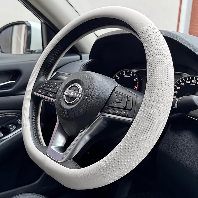 PINCTROT D Shaped Nappa Leather Steering Wheel Cover, Slim Fit No Bulk Design, One Piece Leather with Breathable Perforation,