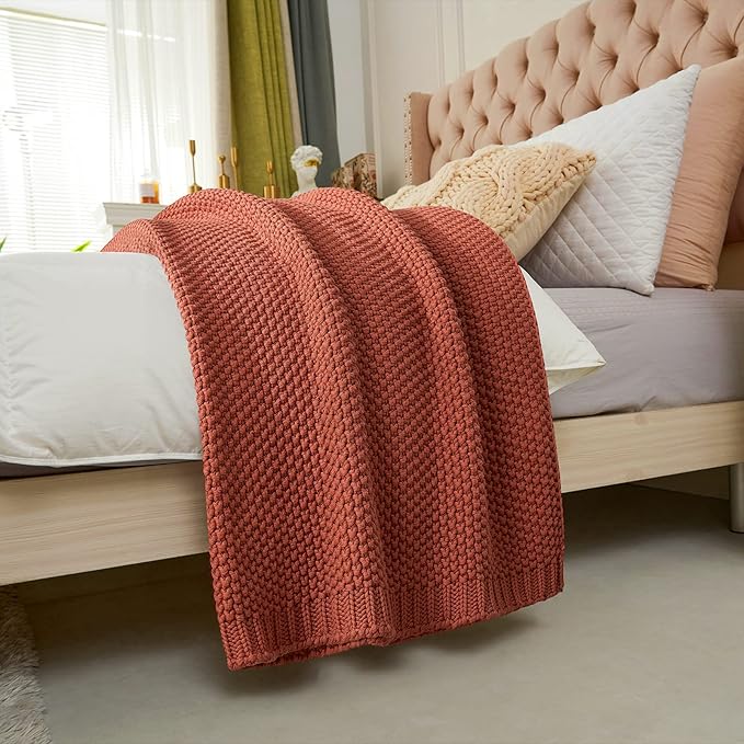 Chunky Cable Knit Throw Blanket Lightweight Rust 100% Organic Cotton Blanket for Sofa Couch Bed Baby Nursery, Rustic Shabby C