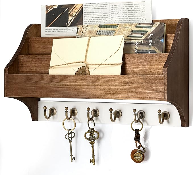 Rebee Vision Pine Wood Key Holder Wall Mount - Farmhouse 3-Tire Mail Holder with 6 Key Hooks for Home Decor- Multifunctional 