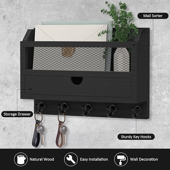 Nekon Key and Mail Holder for Wall, Key Organizer with 5 Hooks & Storage Drawer, 11" W x 7.9" H x 3.1" D Wooden Key Rack for 