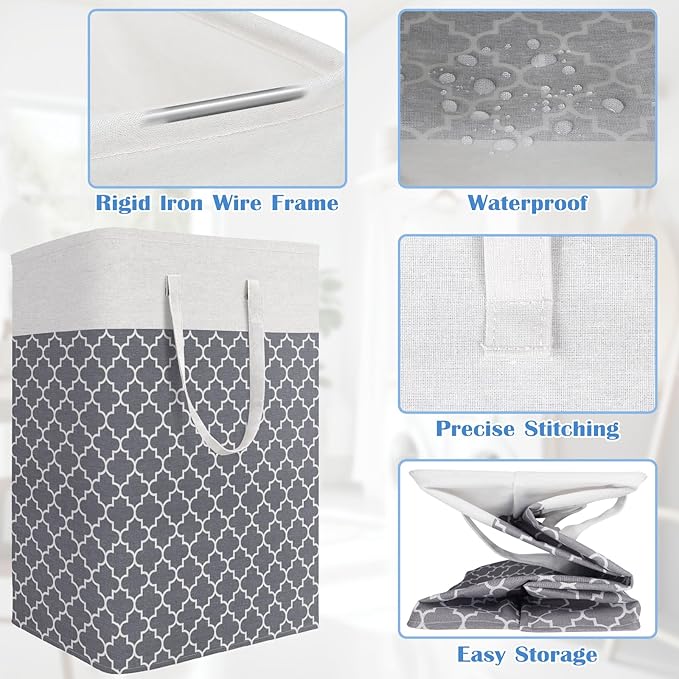 BlissTotes 3-Pack Laundry Basket, Freestanding＆Waterproof Laundry Hamper, Collapsible Tall Clothes Hamper with Easy Carry Han