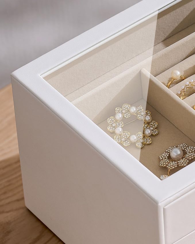 pickpiff Jewelry Box Organizer Case for Women: 4-Layer Jewelry Storage Case with Glass Window, Pure White Leather with Velvet