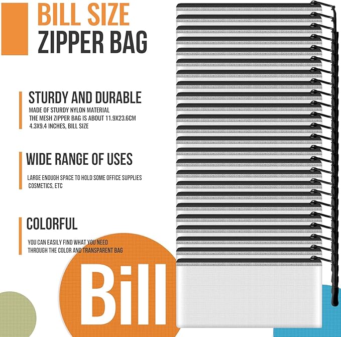 24pcs Mesh Zipper Pouch Bags 9.3 x 4.7 Inches, Black Small Clear Pouches Bulk, Travel Cosmetics Organization, Classroom and O