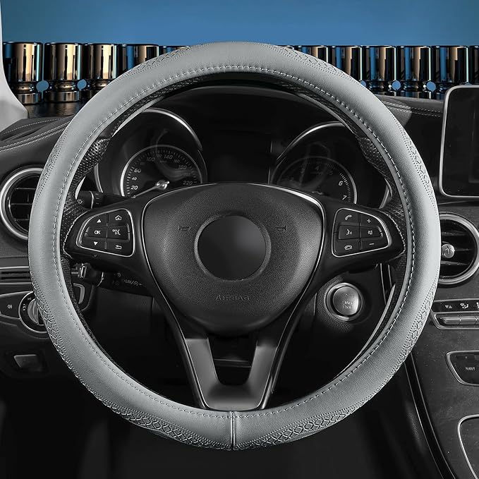 Red Rain Gray Cowhide Steering Wheel Covers Genuine Leather Car Steering Wheel Cover Universal 15inch / Size M Wheel Cover for Car SUV Truck (C-Gray-M)