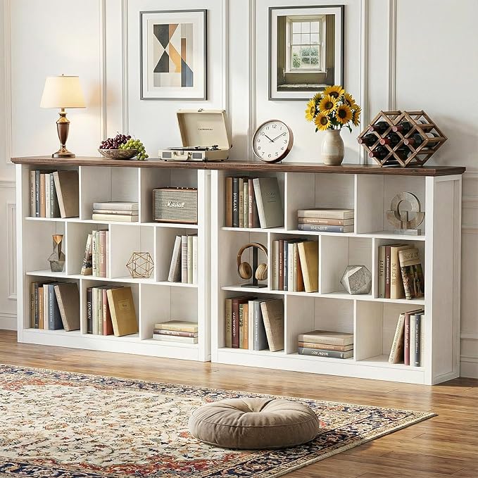 Unikito 10 Cube Storage Book Shelf - 50" Wide Wood Cube Storage Organizer, Wooden 3 Tiers Floor Standing Low Bookcase for Liv