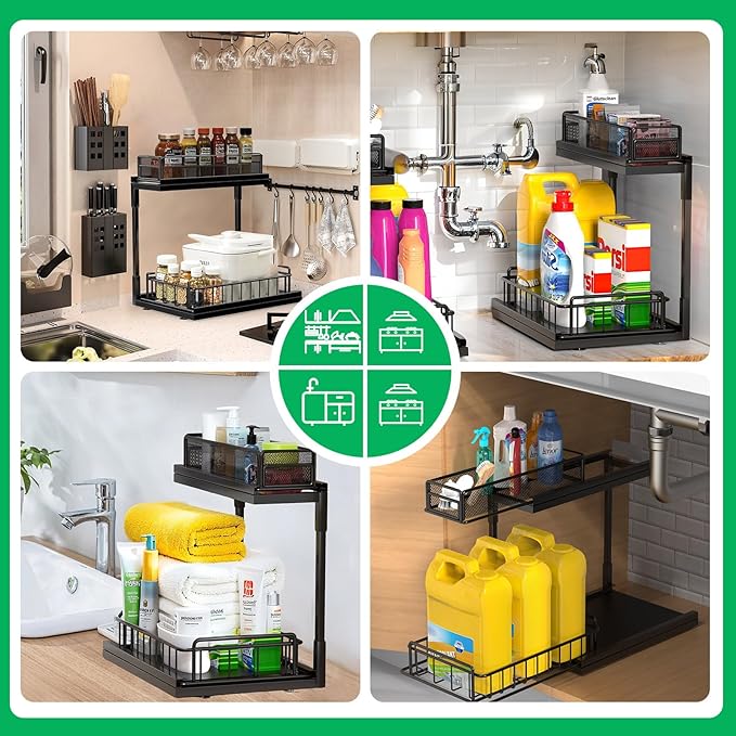 Under Kitchen Sink Pull Out Organizer, Pull Out Under Cabinet Organizer with 2 Tier for Kitchen Bathroom, Home Kitchen Storag