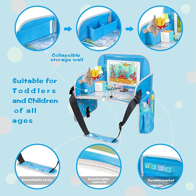MENZOKE Kids Travel Tray for Boys or Girls, Travel Tray for Kids Car Seat with Tablet Holder, Dry Erase Board & Cooler Cup Ho