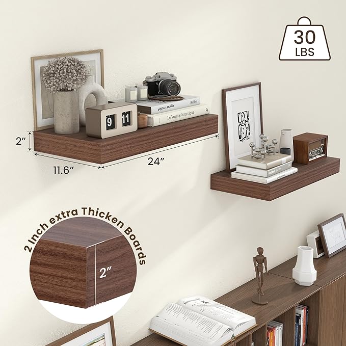 Deep Floating Shelves | 24 Inch Walnut Floating Shelves Set of 2 | 12 Inch Deep Rustic Wood Shelves for Wall | 24" W x 12" D 