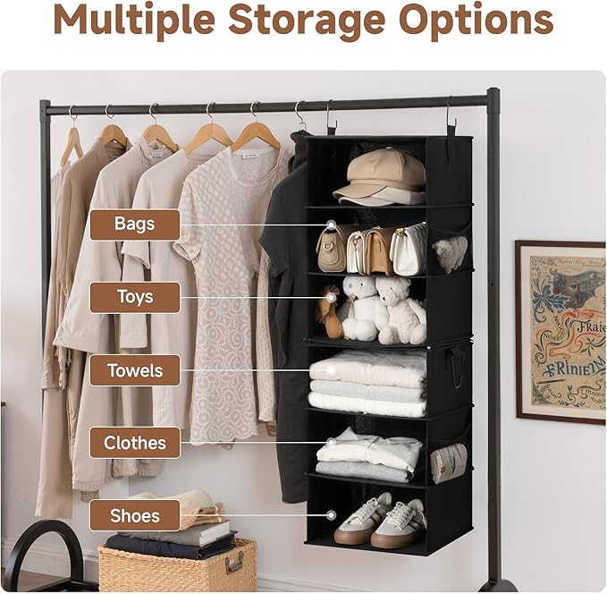 StorageWorks Hanging Closet Organizer 6-Shelf, Jumbo Separable Two 3 Shelf Closet Storage Organizer with Side Pockets, Portab