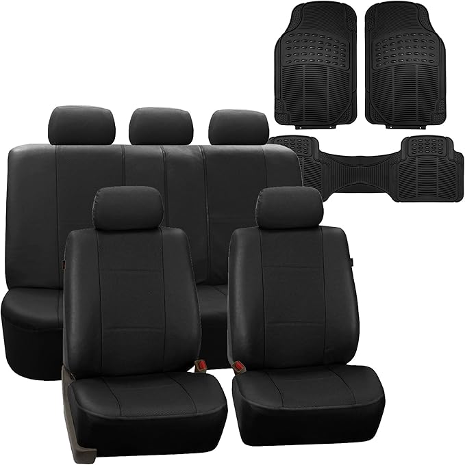 FH Group Car Seat Cover Black Full Set Deluxe Leatherette Protector Interior Accessories Universal Fit Full Set - Airbag Comp