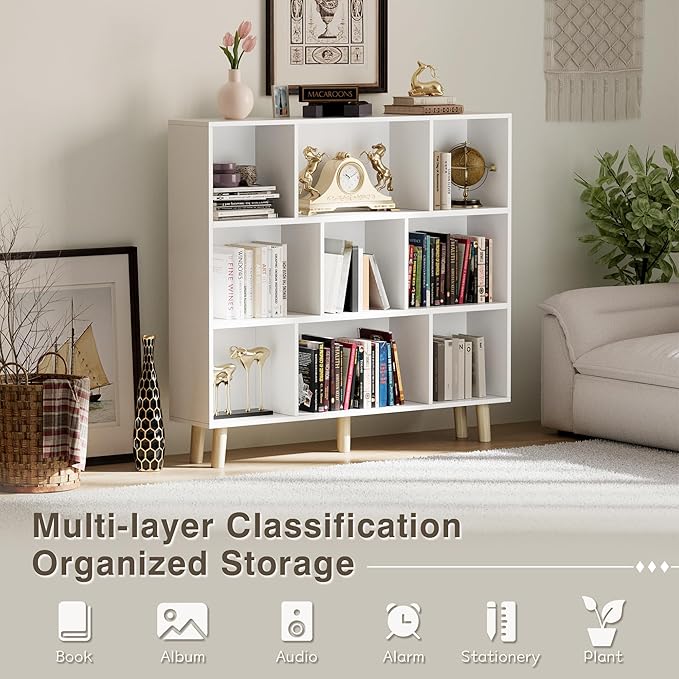 YESHOMY 9 White Cube Bookcase, Open Frame 3-Tier Book Shelf, Bookshelf Storage Organizer with Feet & Anti-Tilt Device for Org