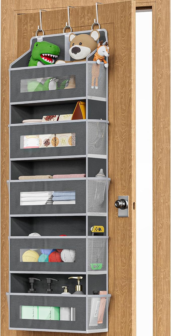 5 Tier Over The Door Organizer - Large Capacity Behind Door Hanging Shelves with 10 Mesh Pockets and Clear Windows, Closet Or