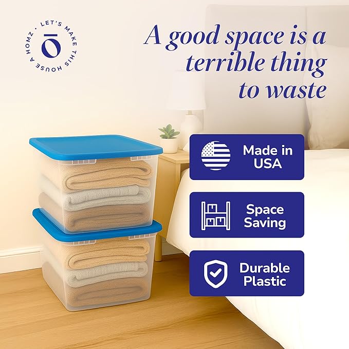 HOMZ 2-Pack Snaplock, Large Clear Plastic Storage Organizer Bins w/Lids, 56 Quart, Blue - Stackable Container Boxes for Bedro