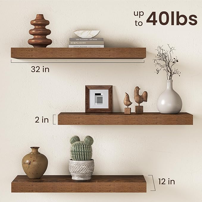 32Inch Floating Shelves for Wall, 12 Inch Deep Shelves for Bedroom, Kitchen, Bathroom Wall Mounted, Rustic Wood Floating Shel