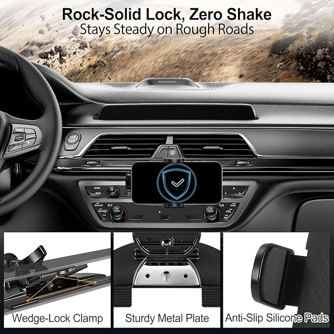 Shock-Resistant CD Slot Phone Holder for Car, CD Player Phone Mount with Adjustable Clamp, 360° Rotation, Non-Slip, Single-Button Release, Heat-Resistant, Universally Compatible with iPhone & Samsung