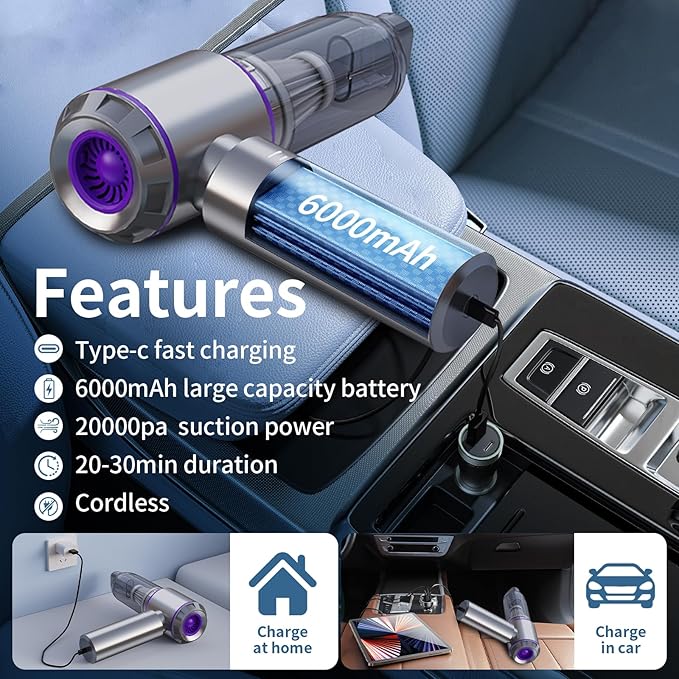 Car Vacuum Cleaner High Power 20000Pa – Cordless Handheld Mini Vacuum & Air Duster for Car & Desk, Home, Office & Camping, Id