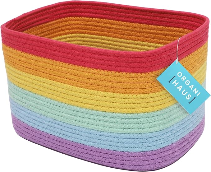 OrganiHaus Rainbow Basket - Colorful Woven Storage Basket for Playroom, Nursery & Classroom Decor & Toy Storage, 15x9x10