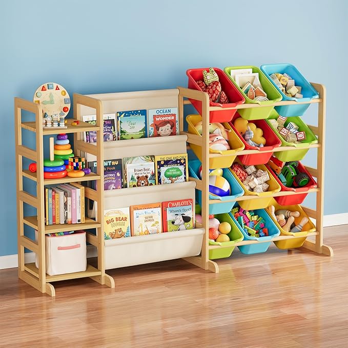 SpaceAid 3-in-1 Toy Storage Organizer with 4 Shelves and 12 Bins, Toy Organizers Storage 3-Tier Bookshelf, Kids Bin Shelf Box