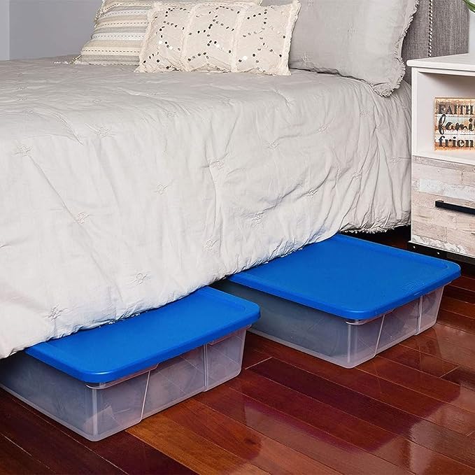 HOMZ 2-Pack Snaplock, Small Clear Plastic Storage Organizer Bins with Lids, 28 Quart, Blue - Stackable Container Boxes for Be