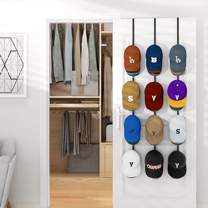 HapiRm Over Door Hat Rack - 3 Packs Hat Organizer with 12 Hooks Design, Hanging Baseball Cap Organizer Storage Holds Up to 60