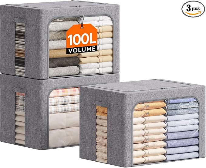 Lifewit Clothes Storage Bins with Metal Frame, Stackable Storage Box, Foldable Clothing Storage Bins with Lids, 100L Storage 