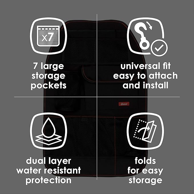 Diono Stow 'n Go Car Back Seat Organizer for Kids, Kick Mat Back Seat Protector, with 7 Storage Pockets, 2 Drinks Holders, Water Resistant, Durable Material, Black , 18x10x9 Inch (Pack of 1)