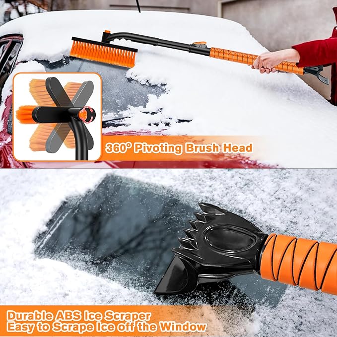 Extendable Snow Brush and Ice Scraper for Car, 30"-35"-39" Adjustable Long Handle & 4.3" Ice Chipper, 360° Pivoting Brush Head & Comfortable Antiskid Grip
