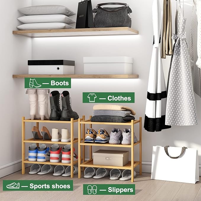 kiplant Small Shoe Rack, Bamboo Wood Shoe Rack for Entryway, Stackable | Foldable | Natural, 3-Tier Shoe Organizer for Hallwa