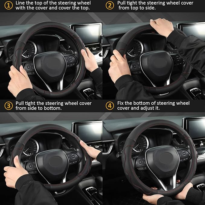 West Llama Customized Auto Car Steering Wheel Cover with 3D Texture for Dodge RAM 1500 2500 3500, 15.5-16 inch (Black+Red Lin