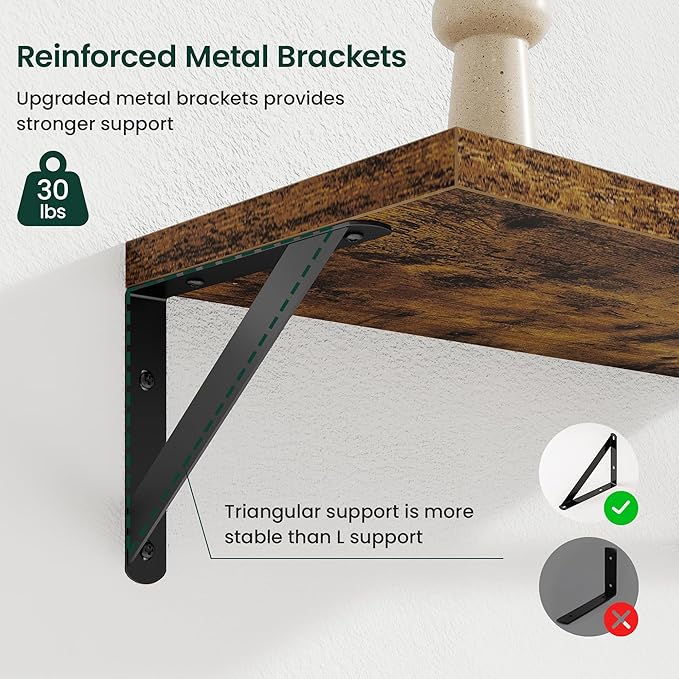 Floating Shelves, 8 Inch Deep Rustic Wood Wall Storage, 16W x 8D Wall Shelves Set of 2, Heavy Duty Metal Brackets, Industrial