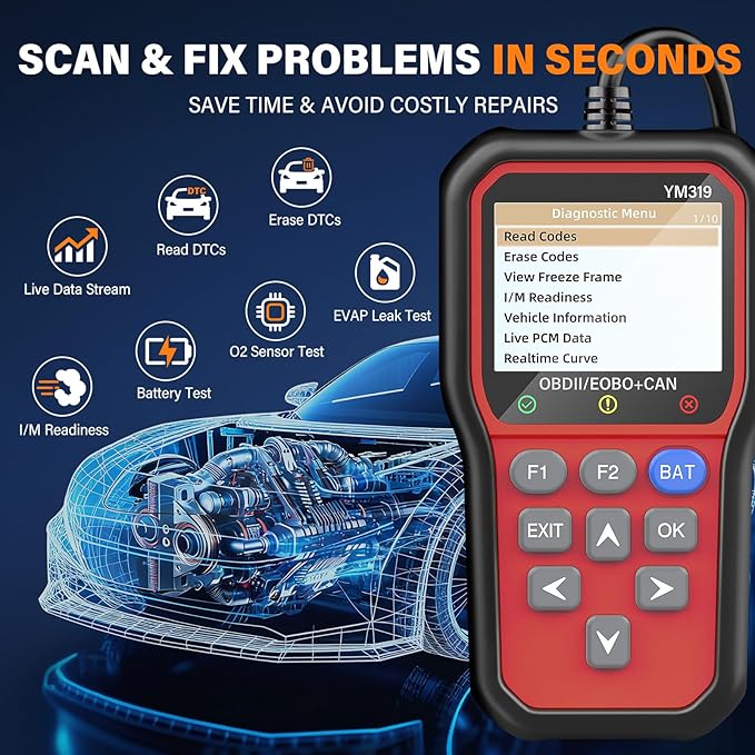 BluSon YM319 OBD2 Scanner Diagnostic Tool with Battery Tester, Check Engine Fault Code Reader with Live Data, Cloud Printing,