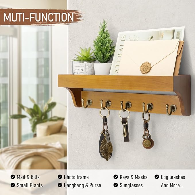 Rebee Vision Decorative Key Holder for Wall with Shelf: Farmhouse Mail Rack with 5 Sturdy Key Hooks for Home Decor, Apartment