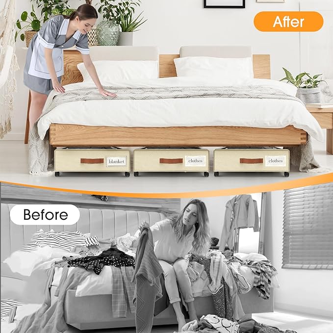 Under Bed Storage with Wheels 3Pack Underbed Storage with Clear Window&Label Under Bed Drawers Large Capacity Rolling Under B