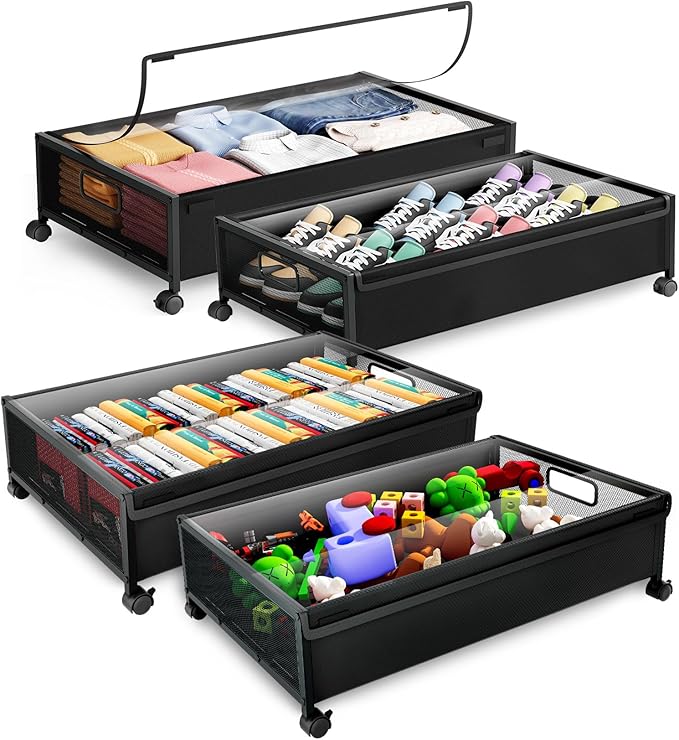 Under Bed Storage with Wheels，4 Pack Under Bed Storage Containers,Underbed Shoe Storage Bedroom Large Capacity Under Bed Stor