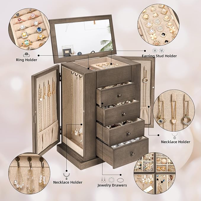 Emfogo Jewelry Box for Women, 5 Layer Large Wood Jewelry Boxes & Organizers for Necklaces Earrings Rings Bracelets, Rustic Je