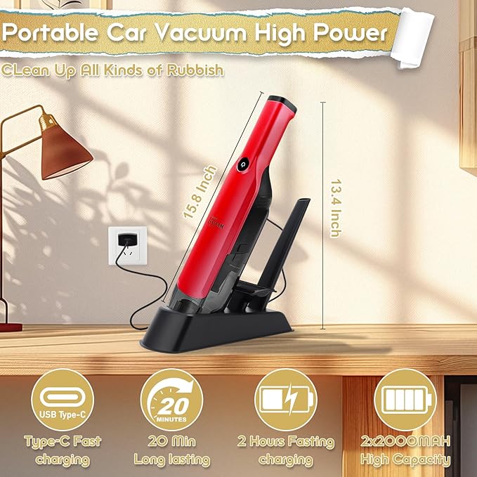 Handheld Vacuum Cordless,15KPA High Power Suction,USB Quick Charge,Car Vacuum Cleaner with Storage Dock,Lightweight Rechargea