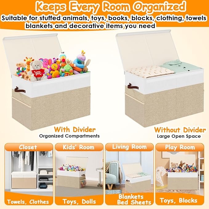 Large Toy Storage Box with Lid Upgraded Toy Storage Chest Organizer with Divider Foldable Toy Bin for Kids Boys Girls Playroo